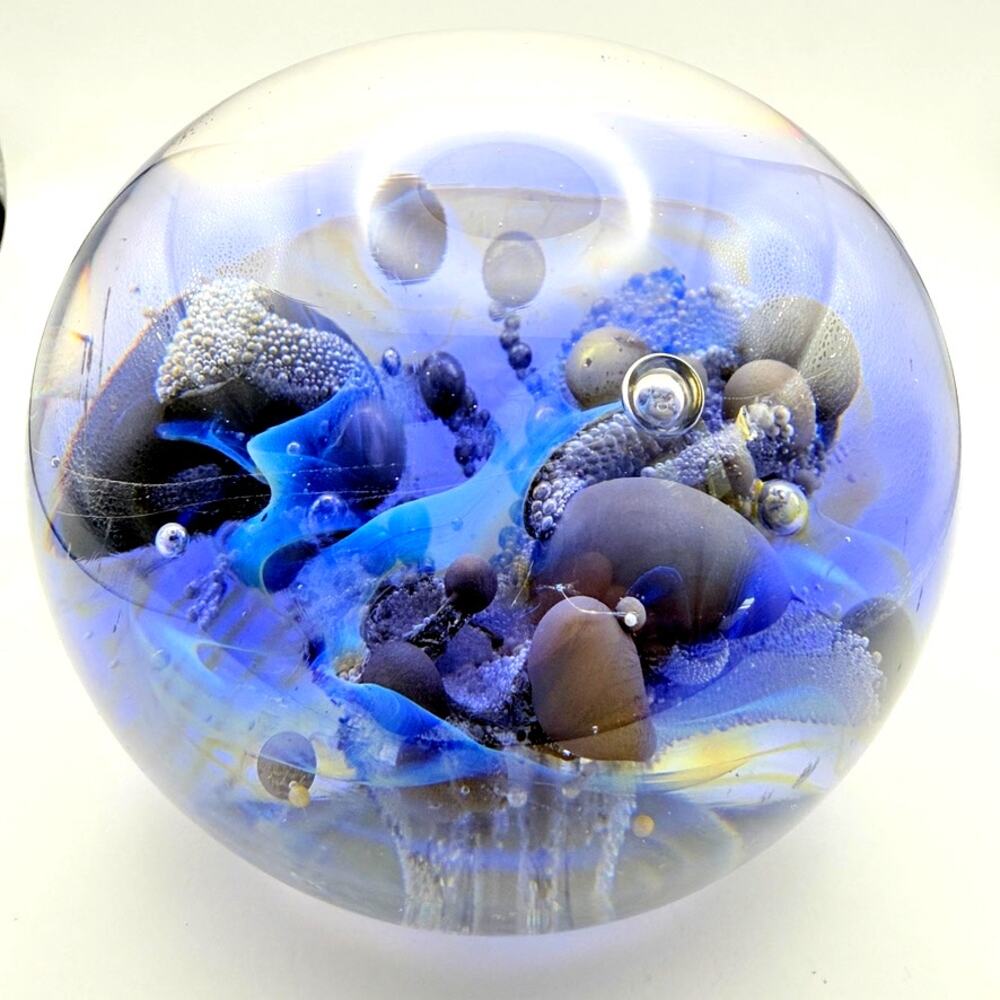 Unsigned Blue Paperweight Sea Ocean Pearl Swirl Bubbles Flora Fauna - Picture 3 of 10